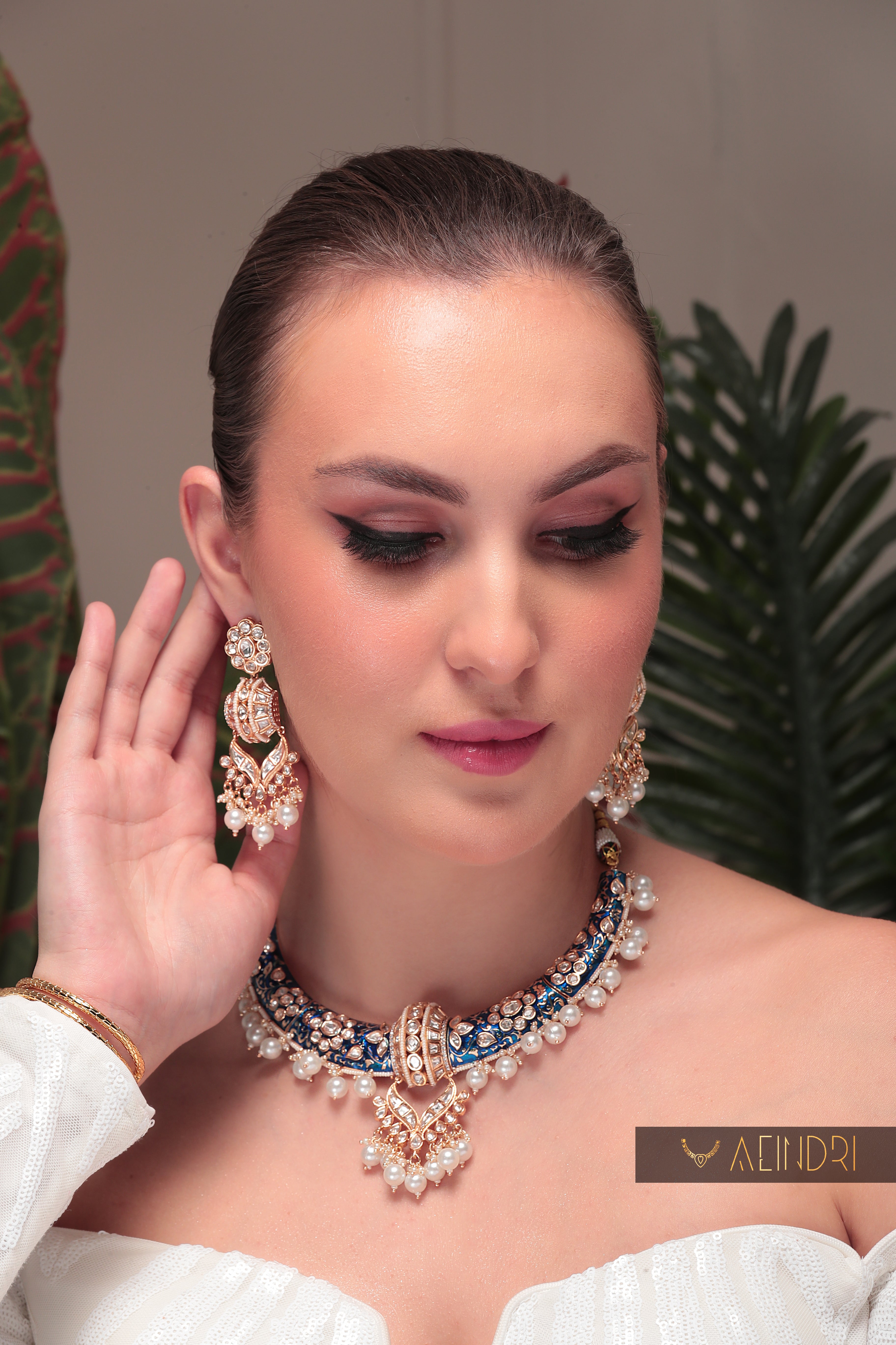 Aeindri Royal Blue Pearl Choker Necklace & Earrings Set